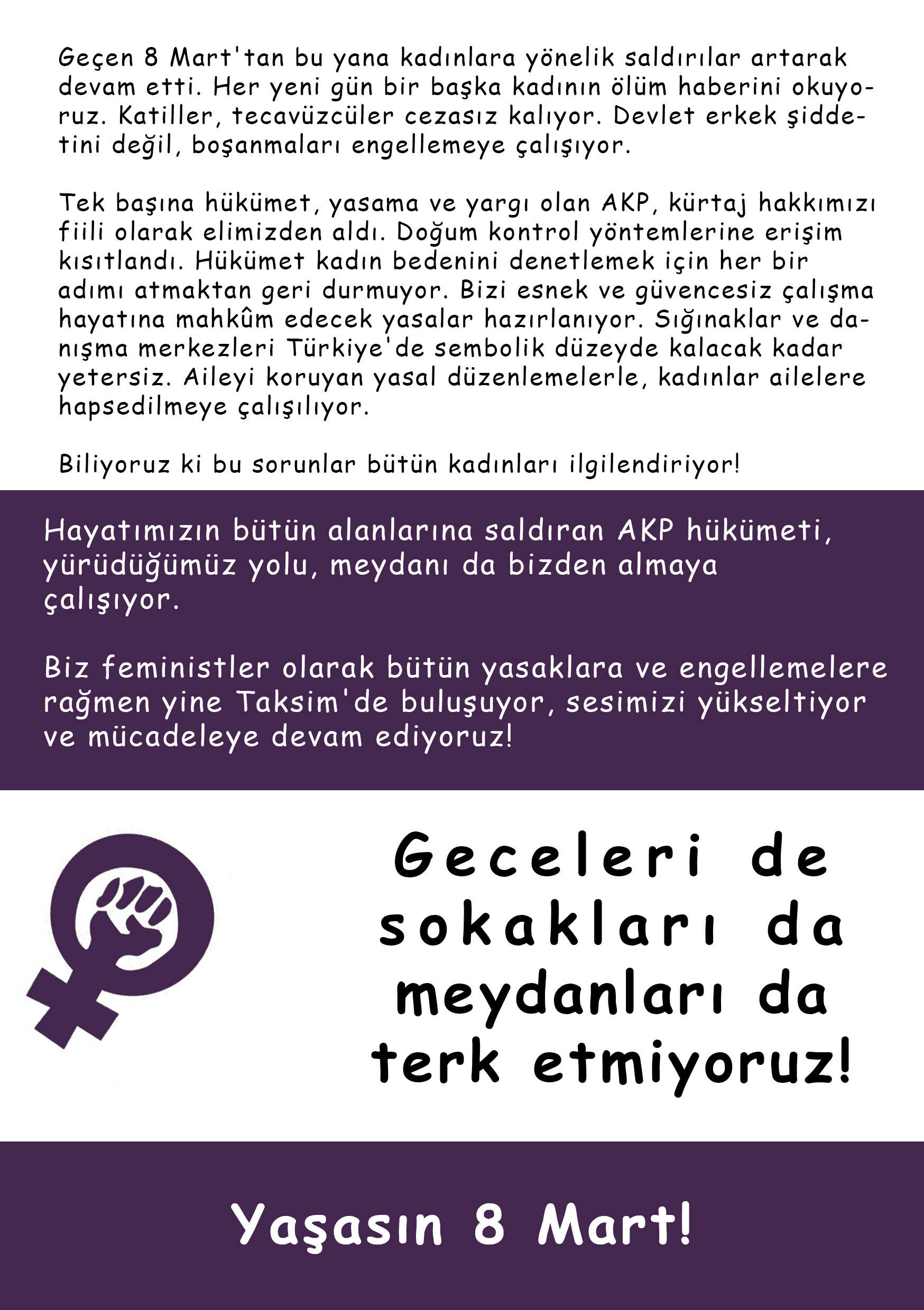 8 Mart Feminist Gece Yürüyüşü / 2014 / Bildiri