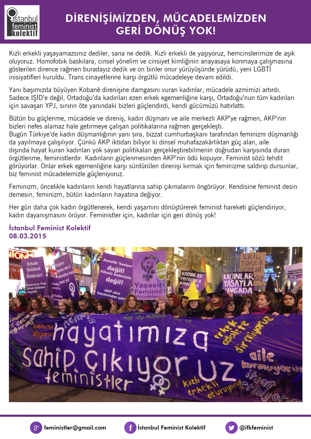 8 Mart Feminist Gece Yürüyüşü / 2015 / Basın Açıklaması