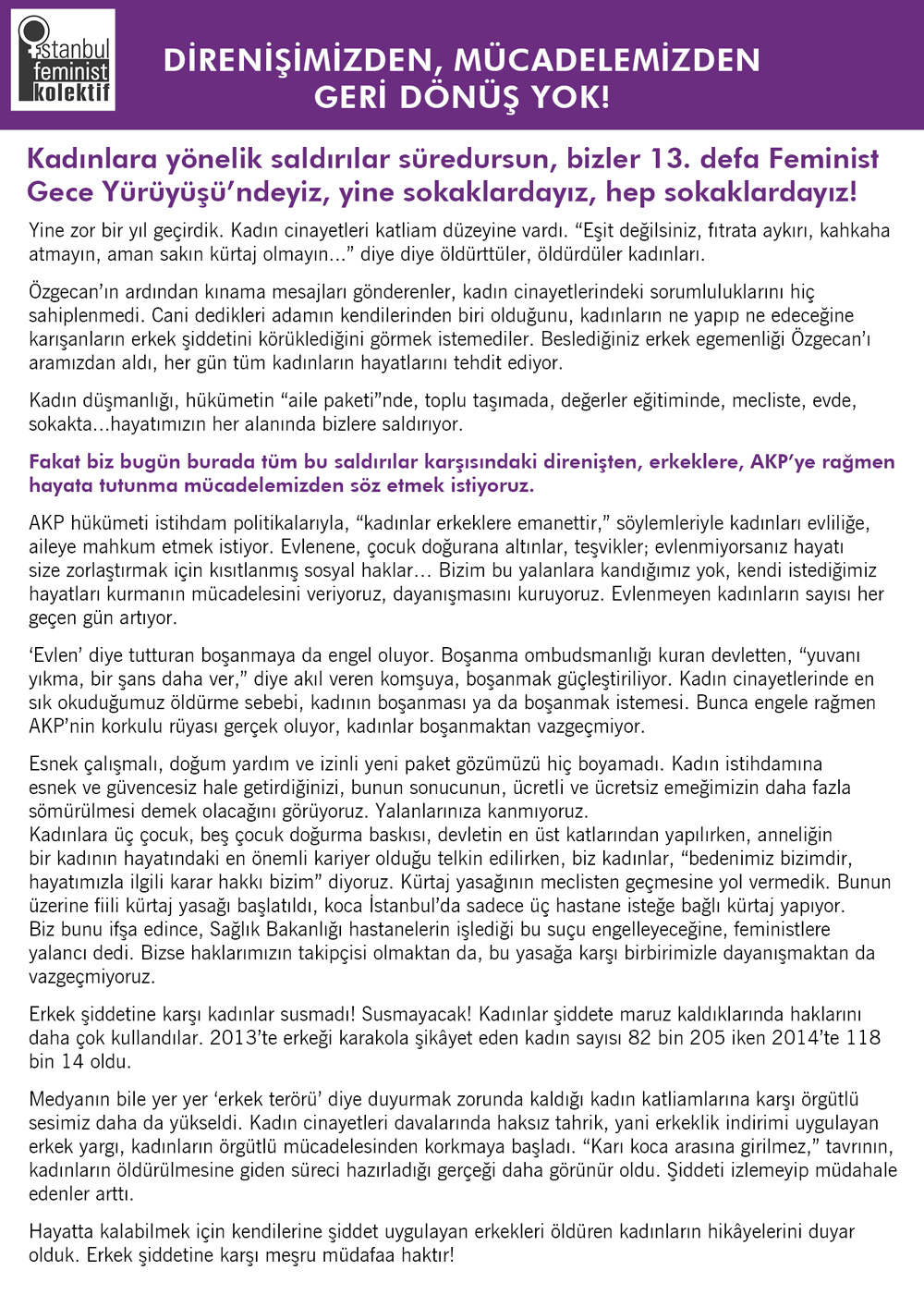 8 Mart Feminist Gece Yürüyüşü / 2015 / Basın Açıklaması
