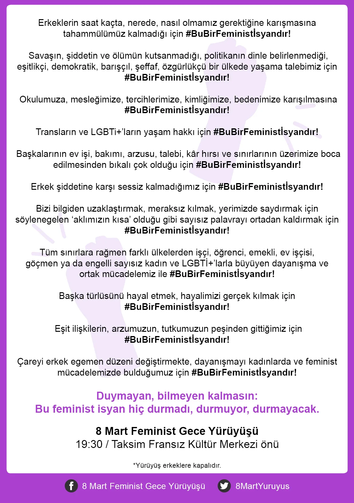 March 8 Feminist Night March / 2019 / Bildiri görsel