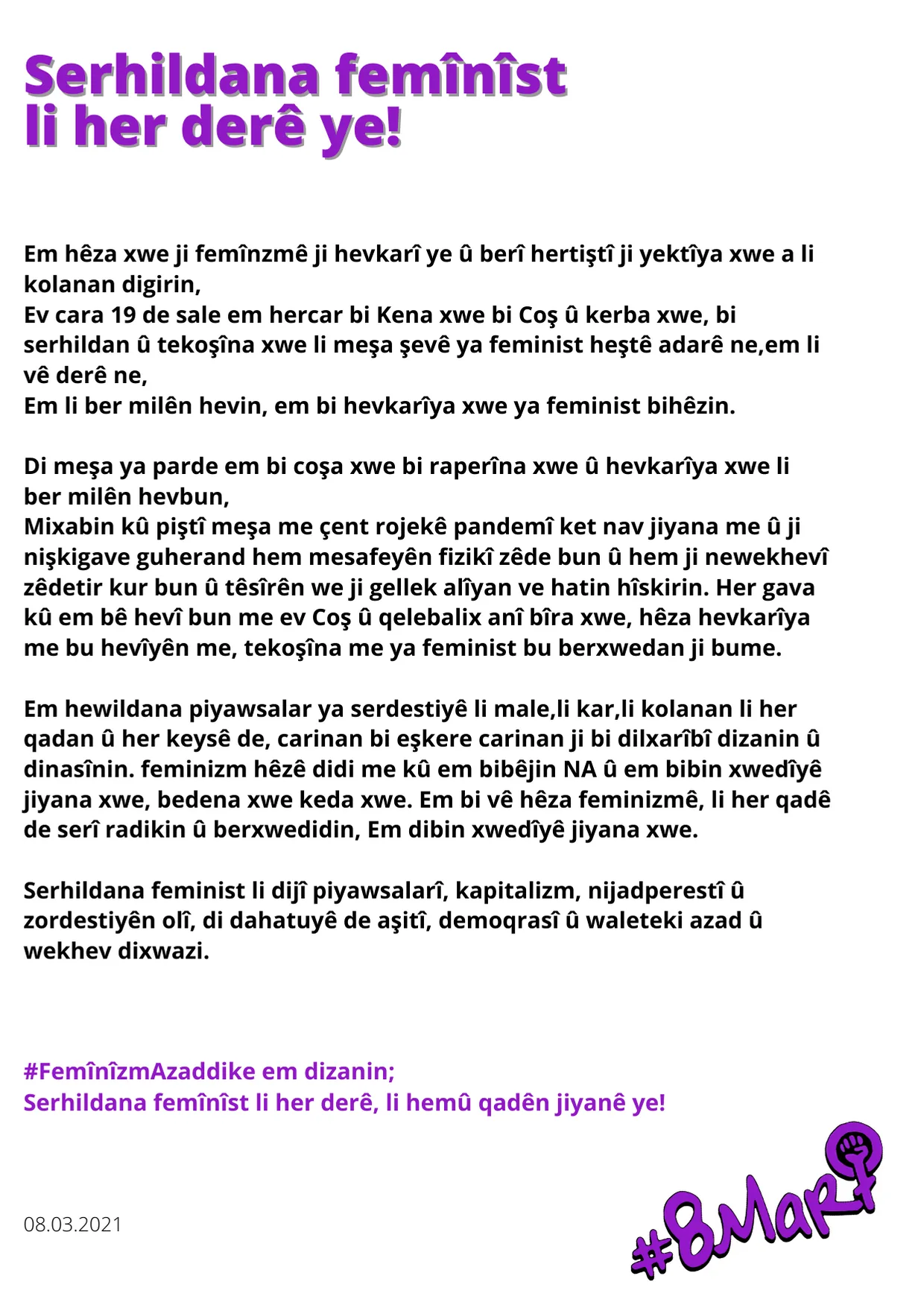March 8 Feminist Night March / 2021 / Image of the press statement
