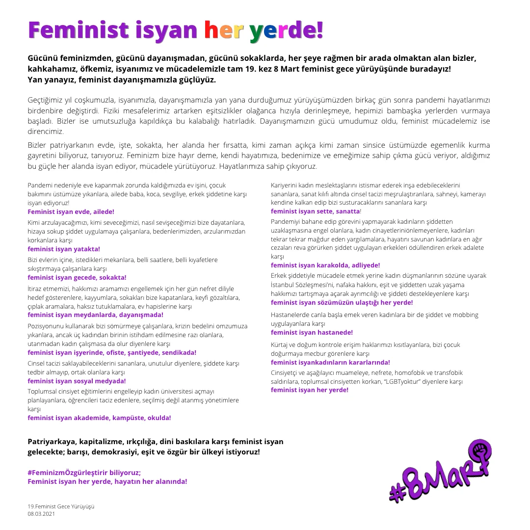 8 Mart Feminist Gece Yürüyüşü / 2021 / Basın metni görsel