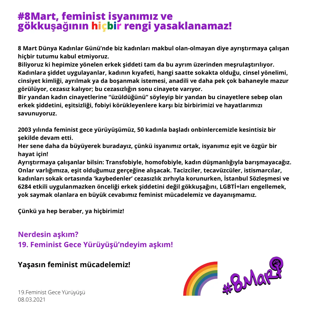 8 Mart Feminist Gece Yürüyüşü / 2021 / Yasaklanamaz metni görsel